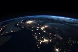 Beautiful amazing planet Earth with night lights of megacities and cities with stars space view. photo