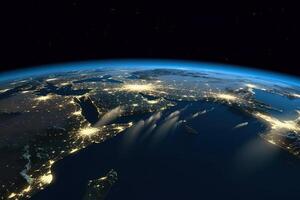 Beautiful amazing planet Earth with night lights of megacities and cities with stars space view. photo