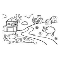 cartoon outline farm with sheep coloring book for children vector