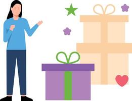 The girl is looking at the gift boxes. vector