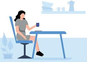 The girl is drinking tea in the morning. vector