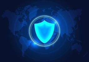 Technology shield is on the world map with the technology circle. It is software used to protect against data theft or cyber attacks. It is commonly used by groups of banks and companies. vector