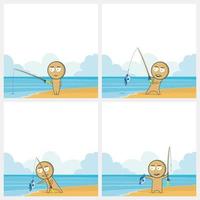 A cartoon of a man fishing on a beach. vector