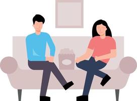 Boy and girl sitting on couch with popcorn. vector