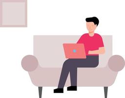 The boy is sitting on the sofa using his laptop. vector