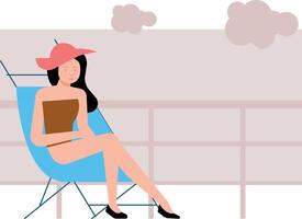 The girl is sitting on a chair during summer vacation. vector