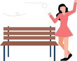 The girl is standing by the bench in the winter season. vector