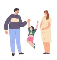 Family life, expectant mother and dad with kid vector