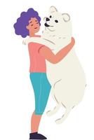 adult woman standing holding a giant white dog vector