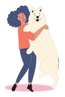 adult woman standing holding a giant white dog vector