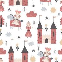 Seamless pattern with cartoon princess, castle, cloud, decorative elements. Flat style colorful vector illustration for kids. hand drawing. baby design for fabric, textile, print, wrapper.