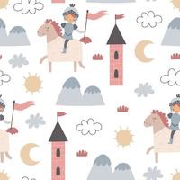 Seamless pattern with cartoon knights, castle, decorative elements. Flat style colorful vector illustration for kids. hand drawing. baby design for fabric, textile, print, wrapper.