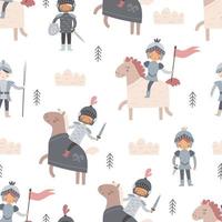 Seamless pattern with cartoon knights, horse,  cloud, decorative elements. Flat style colorful vector illustration for kids. hand drawing. baby design for fabric, textile, print, wrapper.