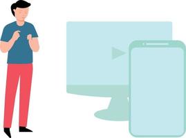 Boy standing with monitor and mobile device. vector