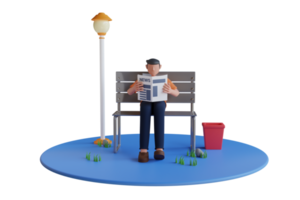3D Man read newspaper in park. Man Sitting on Bench and Reading Newspaper png