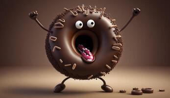 Funny chocolate donut cartoon character. Generative AI. photo