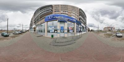 full seamless spherical hdri panorama 360 view on crossroads street near multistory building area of urban development in equirectangular projection, AR VR content photo