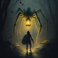 Brave hero lights way with lantern stands in front of huge spider with sting, glowing yellow mouth with sharp teeth stands its paws in swampy dead landscape , generate ai photo