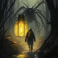 Brave hero lights way with lantern, stands in front of huge spider with sting, glowing yellow mouth with sharp teeth stands its paws in swampy dead landscape, generate ai photo