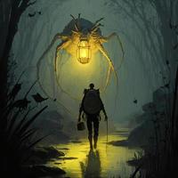 Brave hero lights way with lantern, stands in front of huge spider with sting, glowing yellow mouth with sharp teeth stands its paws in swampy dead landscape , generate ai photo