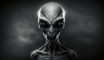 Alien humanoid portait on dark background. Invasion of extraterrestrial. Alien abduction. Created with photo