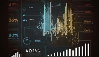 Big data analytics report. Infographic with graph and chart on abstract background. Distribution of data by business categories. Created with photo