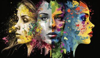 Colorful women face collage. Generative AI. photo