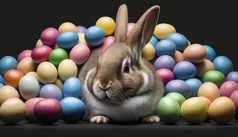 Happy Easter Bunny with many colorful easter eggs. . photo