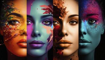 Colorful women face collage. Generative AI. photo
