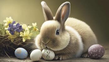 Happy Easter Bunny with many colorful easter eggs. . photo