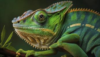 Green colored chameleon close up. . photo