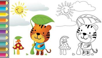 Vector cartoon of funny tiger and little bird hiding from blazing sun using leaf, coloring book or page