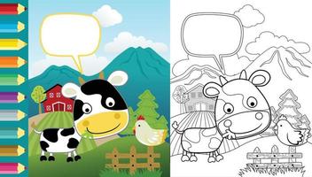 Vector cartoon of funny cow with chicken in farm field, farm elements, coloring book or page