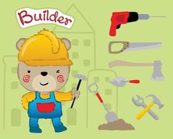 Vector cartoon of bear in builder costume with builder tools