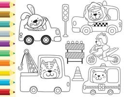 Vector set of cute animals cartoon driving vehicle, traffic elements cartoon, coloring book or page