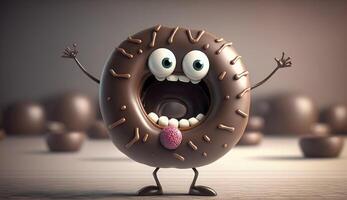 Funny chocolate donut cartoon character. . photo