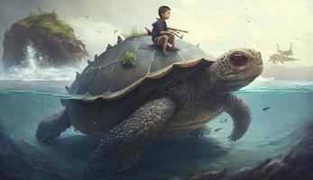 ilustración pintura de chico sentado en gigante tortuga en el océano, digital pintura , generar ai foto