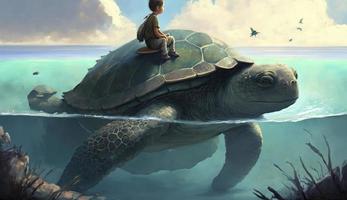 ilustración pintura de chico sentado en gigante tortuga en el océano, digital pintura , generar ai foto