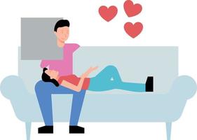 The girl is lying on the couch in the lap of the boy. vector
