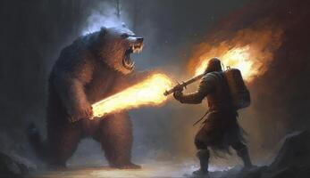 illustration painting of a man with a flamethrower fighting with a demon bear, digital art style. photo