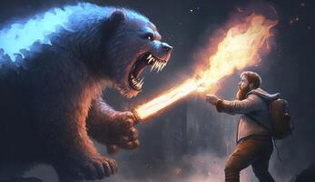 illustration painting of a man with a flamethrower fighting with a demon bear, digital art style. photo