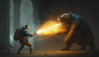 illustration painting of a man with a flamethrower fighting with a demon bear, digital art style. photo