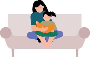 Mother and daughter reading a book sitting on the sofa. vector
