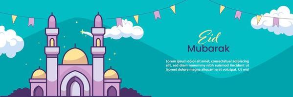 Happy eid mubarak banner flat illustration. Muslim celebration greeting card. vector