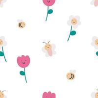 Seamless pattern with cute insects and flowers. For card, posters, banners, books, printing on the pack, clothes, fabric, wallpaper, textile or dishes. vector