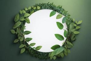 Empty white summer and spring nature background with fresh green leaves and circle frame, generate ai photo