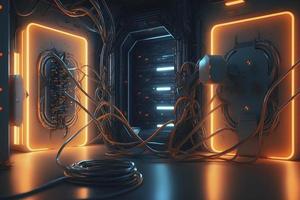 futurista 3d hacer Bosquejo. espacio tema ilustración. ciber plataformas y cables con brillante neón luces, generar ai foto