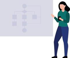 Girl looking at flowchart diagram. vector