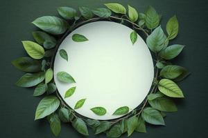 Empty white summer and spring nature background with fresh green leaves and circle frame, generate ai photo