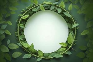 Empty white summer and spring nature background with fresh green leaves and circle frame, generate ai photo